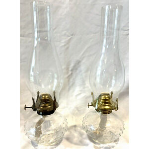 Set 2 Vintage Lamplight Farms Oil Lamp Hobnail Clear Glass Chimney 14.5" Pair